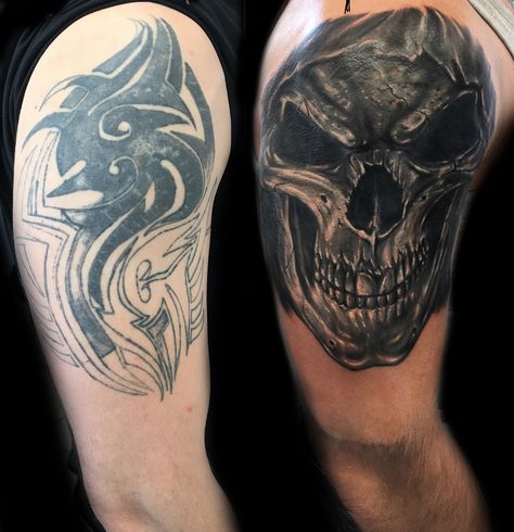 Incredible cover-up by Chris Strach Tattoo! Some awesome details captured in this one, huge improvement from the previous design😁 If you're hoping to book with Chris, or one of our other brilliant artists, then I'd move quickly to grab the earliest spot you can! #coverup #coveruptattoo #skulltattoo #blackandgreyrealism #blackandgreytattoo #realismtatoo #realismskulltattoo #darktattoos #blackpooltattoostudios #inkden Heavy Black Tattoo Cover Up, Cover Up Tattoos For Men, Laser Removal, Old Tattoos, Laser Tattoo Removal, Cover Up Tattoo, Cover Up Tattoos, Black And Grey Tattoos, Skull Tattoo