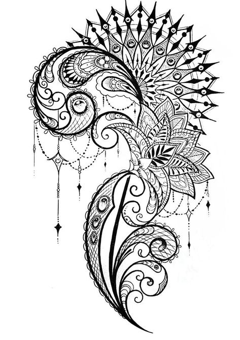 Paisley Tattoo Design, Mandala Hip Tattoo, Dotwork Tattoo Mandala, Mandala Tattoos For Women, Paisley Tattoo, Lace Tattoo Design, Tattoos Mandala, Inspiration Tattoo, Tattoos Geometric