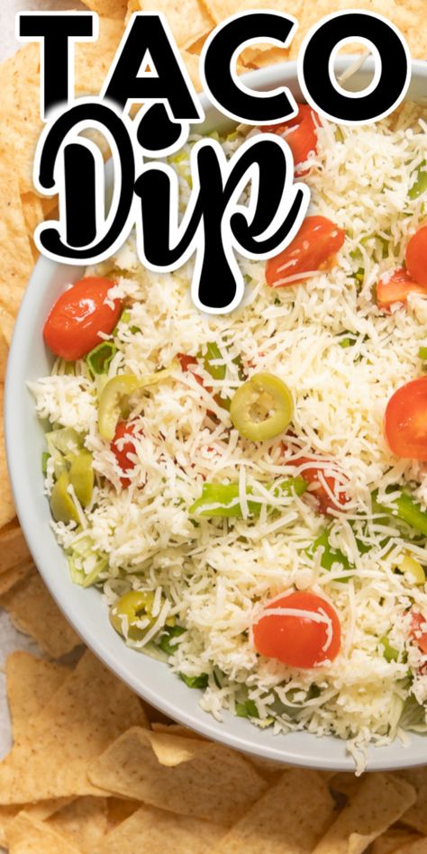 This TACO DIP is perfect for any game day, ladies' night, picnic, family gathering. No bake, no cook, no fuzz. In just five minutes you'll have a delicious, creamy dip perfect with anything from your favorite fresh-cut veggies, crackers, or tacos. #cheerfulcook #dip #easy #taco #withcreamcheese ♡ cheerfulcook.com No Name Dip, Warm Appetizers, Picnic Family, Night Picnic, Tasty Appetizers, Dip Easy, Taco Bake, Taco Dip, Creamy Dip