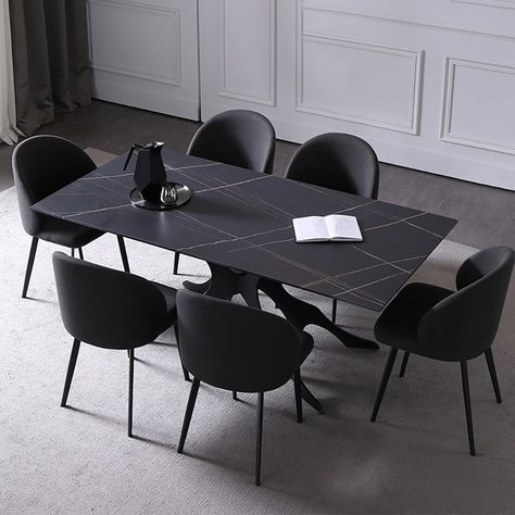 Black Dining Table, Morning Meals, Black Dining, Esstisch Modern, Sintered Stone, Dining Table Black, Black Rectangle, Parsons Chairs, Stone Top