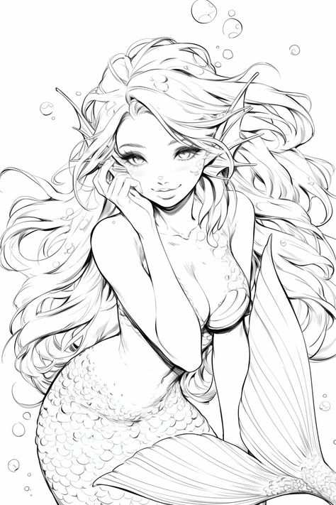 Mermaid Realistic, Realistic Coloring Pages, Manga Mermaid, Bujo Art, Mermaid Sketch, Realistic Mermaid, Anime Lineart, Mermaid Drawings, Easy Love Drawings