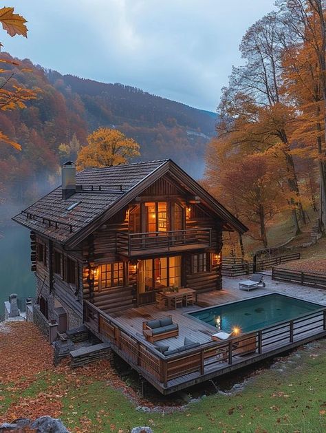 Cabin With Pool, Log Cabin House, Build My Own House, Stone Cabin, Mountain Cabins, Small Log Cabin, Log House, Tiny House Cabin, Small Pool