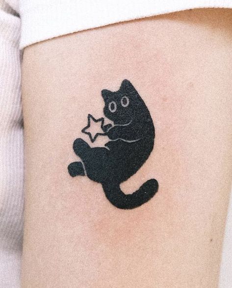 Black Cat Aesthetic Tattoo, Cool Cat Tattoo Ideas, Cat With Stars Tattoo, Cat Stars Tattoo, Cute Simple Cat Tattoos, Cat And Stars Tattoo, Cute Tattoos Cat, Weird Cute Tattoos, Cat Related Tattoos