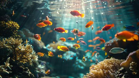 Aquatic Life Thrives: A serene #ocean landscape where colorful #wildlife swim amongst #reef bathed in beams of sunlight. #underwater #marine #fish #coral #sunlight #aiart #aiphoto #stockcake ⬇️ Download and 📝 Prompt 👉 https://stockcake.com/i/aquatic-life-thrives_654841_731251 Aquatic Landscape, Rain Cartoon, Underwater Landscape, Aquatic Life, Ocean Landscape, Marine Fish, Music Artwork, Fish Swimming, Cartoon Background