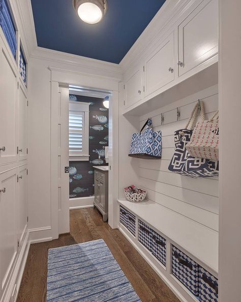 Mudroom/Half Bath Layout Mudroom Entrance, Coastal Laundry Room, Cottage Laundry Room, Painted Ceilings, Blue Ceiling, Mudroom Ideas, Mudroom Entryway, Coastal Interior, Mudroom Laundry Room