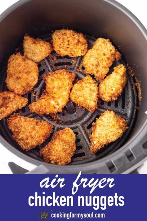 Air Fryer Chicken Nuggets! These easy air fryer chicken nuggets are make ahead friendly. They turn out golden brown, crunchy, and so moist inside. Chicken Nuggets In Air Fryer, Nuggets In Air Fryer, Air Fried Chicken Nuggets, Air Fryer Chicken Nuggets, Chick Fil A Recipe, Gluten Free Chicken Nuggets, Easy Air Fryer Chicken, Healthy Chicken Nuggets, Fried Chicken Nuggets