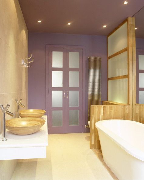 Purple, Wood, Gold Dark Purple Bathroom, Bathroom Mermaid, Tan Bathroom, Lavender Bathroom, Purple Bathroom Decor, Purple Bathroom, Colored Walls, Modern Style Decor, Royal Theme