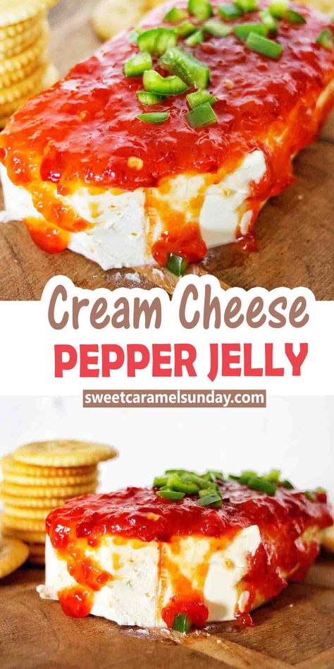 Cream Cheese Pepper Jelly and crackers will get any party started! Super quick and super easy to bring together, this one is handy up your sleeve when you don't have a lot of time but want to make something with taste and texture. #easyrecipe @sweetcaramelsunday Pepper Jelly Dip Recipe, Cream Cheese Pepper Jelly, Red Pepper Jelly Recipe, Recipes Cream Cheese, Pepper Jelly Dip, Cream Cheese Spread Recipes, Crackers Appetizers, Pepper Jelly Recipes, Cream Cheese Appetizer