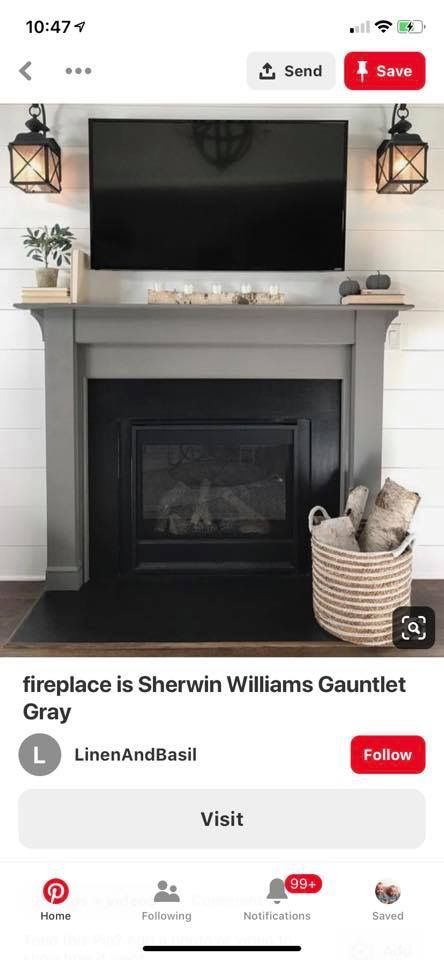 Dark Gray Fireplace, Gauntlet Gray Sherwin Williams, Gray Fireplace, Painted Fireplace Mantels, Grey Fireplace, Gauntlet Gray, Sherwin Williams Gray, Dark Grey Walls, Paint Fireplace