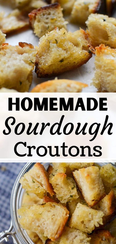 If you're looking for some creative leftover sourdough bread ideas, you have to try tis easy recipe for homemade sourdough croutons! Made with basic pantry staples, this leftover sourdough bread recipe is perfect for adding to your favorite salads, soups, casseroles, and more! Stores easily at room temperature or in the freezer for longer term storage, this sourdough crouton recipe is made with day old bread and is the most flavorful crouton recipe ever! Crunchy, perfect, and low waste! Leftover Sourdough Bread, Sourdough Croutons, Recipe Using Sourdough Starter, Crouton Recipes, Sourdough Starter Discard Recipe, Homemade Sourdough Bread, Bread Starter, Homemade Sourdough, Sourdough Starter Recipe