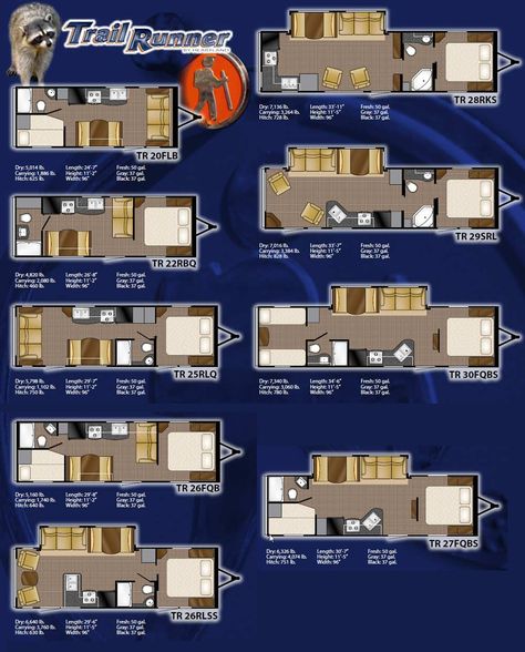 Heartland Trail Runner travel trailer floorplans - 9 models Trailer Home Floor Plans, Tiny Home Trailer Floorplan, Trailer Floor Plans, Travel Trailer Floor Plans, Rv Floor Plans, Rv Homes, Small Cottages, Tiny House Trailer, Trail Runner