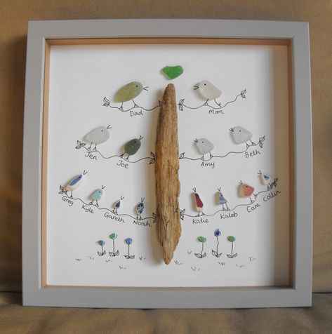 This driftwood & sea glass family tree can be custom ordered for a truly personal gift Sea Glass Family, Sea Glass Birds, Family Tree Wall Art, Sea Glass Art Diy, Personalised Wall Art, Family Tree Art, Sea Glass Art Projects, Beach Glass Crafts, Driftwood Wall Art