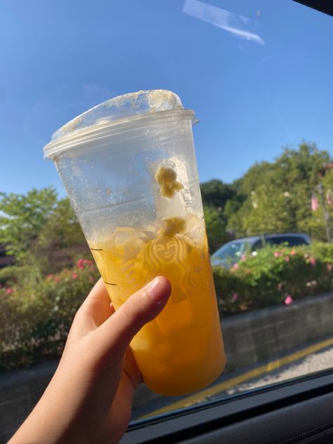 Starbucks. Starbies. Paradise. Paradise drink. Refresher. Summer. Ice. Drink. Fruit. Pineapple. Aesthetic. Yellow. Sunny. Mocktail. Starbs. Yum. Tasty. Starbucks Paradise Drink, Paradise Drink, Pint Glass, Beer Mug, Beer Glasses, Paradise, Beer, Drinks, Tableware