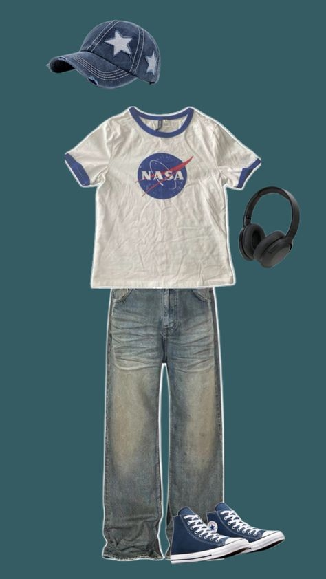 Masc, Outfit inspo, Nasa, Space, Converse, Aesthetic Nasa Outfit Aesthetic, Space Converse, Space Themed Outfits, Nasa Outfit, Masc Outfit, Eboy Aesthetic, Converse Aesthetic, Outfit Inspo Aesthetic, Space Outfit