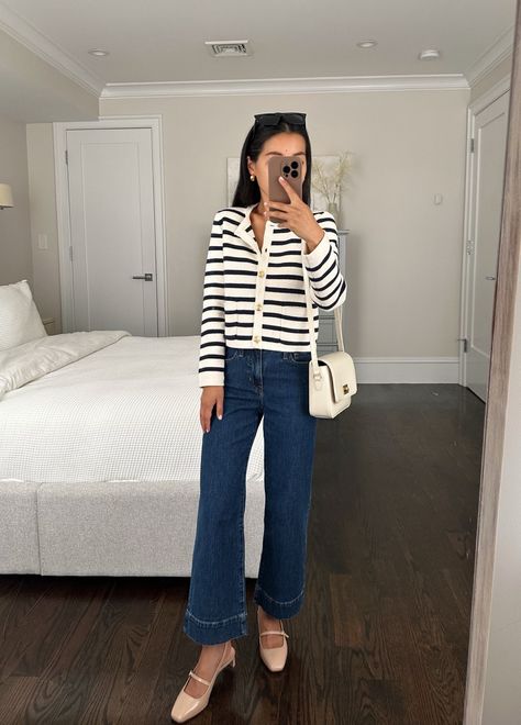 Classic Cropped Jeans With Patch Pockets, Fall Cropped Jeans With Patch Pockets, Fall Ankle-length Jeans With Pockets, Chic Mid-rise Jeans With Patch Pockets, Emilie Patch-pocket Sweater Lady Jacket, Lady Jacket, Wide Leg Jeans Outfit, Pocket Sweater, Wide Jeans