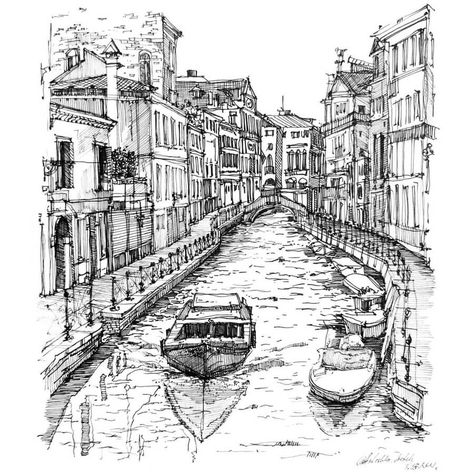 Art Sketches City, Venice Sketch Drawings, Italy Street Drawing, Architecture Ink Drawing, Venice Italy Drawing, Venice Sketch, Venice Drawing, Drawing Italy, Ink Architecture