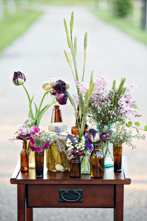 Flower Guide: Farm Inspired Ruffled Flowers And Vases, Photographer Studio, Brown Bottles, Flower Guide, Amber Bottles, Antique Bottles, Vintage Bottles, Reception Ideas, Vintage Vases