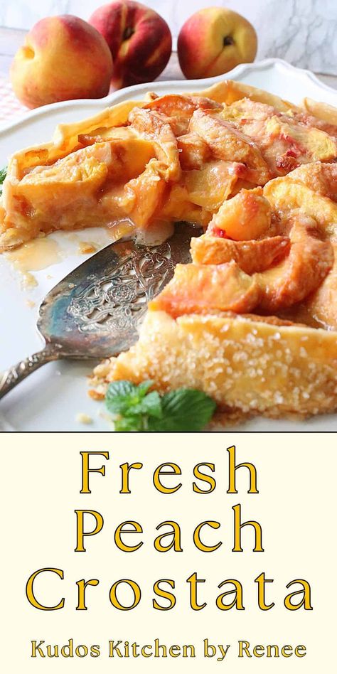 This Fresh Peach Crostata is similar to biting into a fresh ripe peach, except it has a flaky piecrust shell and is best served warm and with a fork. #peachcrostata #peachpie #peachgalette #peachdessert #freshpeachpie #freshpeachcrostata Peach Crostata, Fresh Peach Pie, Peach Recipes, Measuring Ingredients, Peach Desserts, Easy Seafood Recipes, Canned Peaches, Favorite Pie, Peach Recipe