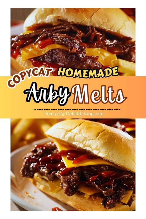 Copycat+Homemade+Arby+Melts+via+@delishliving Arby's Copycat Recipes, Copycat Restaurant Recipes Applebees, Beef And Cheddar Sandwich, Onion Bun, Arbys Beef And Cheddar, Melted Cheese Sauce, Cheddar Sandwich, Beef And Cheddar, Rare Roast Beef