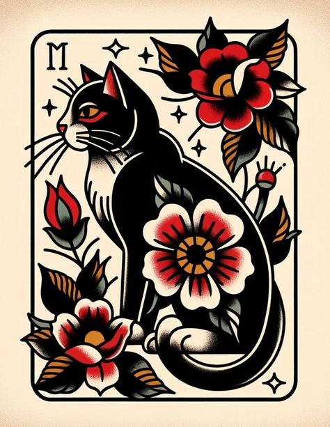 Coverup Tattoo Ideas Traditional, Neo American Traditional Tattoo Black And White, American Traditional Tattoo Aesthetic, American Traditional Ideas, Traditional Colored Tattoos, Black Cat American Traditional Tattoo, American Traditional Wall Art, Spooky Traditional Tattoo Black, Neo Traditional Sun And Moon Tattoo