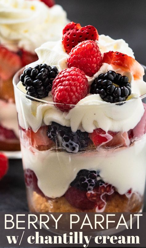 a beautiful red white and blue layered parfait in a glass. Chantilly Trifle, Chantilly Desserts, Fancy Parfait, Valentines Parfait, Berry Parfait Dessert, Mixed Berry Dessert, Cake Parfait, Bachelorette Vibes, Chantilly Cake