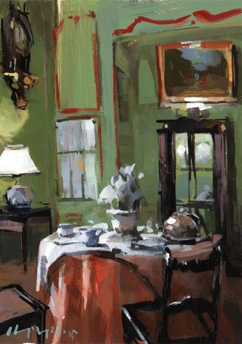 Paneled Room, Painted Rooms, Paris Interiors, Interior Paintings, Set Table, Interior Painting, Interior Illustration, Pallet Painting, Art Et Illustration