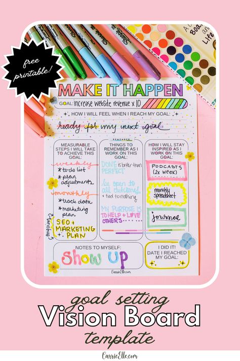 Free Printable Goal Setting Vision Board Template - Carrie Elle Vision Board Printables Free 2024, Vision Board Topics, Dream Board Diy, Printable Vision Board Template, Free Vision Board Template, Kids Vision Board, Beautiful Vision Boards, Free Goal Printables, Goal Setting Vision Board