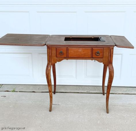 Sewing Table Repurpose, China Cabinet Makeover, Sewing Desk, Sewing Machine Cabinet, Space Saving Desk, Upcycling Furniture, Sewing Machine Table, Chalk Painting, Old Sewing Machines