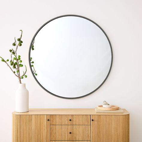 Metal Frame Oversized Round Mirror - 48" | West Elm Oversized Round Mirror, Mirror Antique, Circle Mirror, Modern Mirror Wall, Metal Frame Mirror, Modern Mirror, Round Wall Mirror, Framed Mirror Wall, Sofa Living