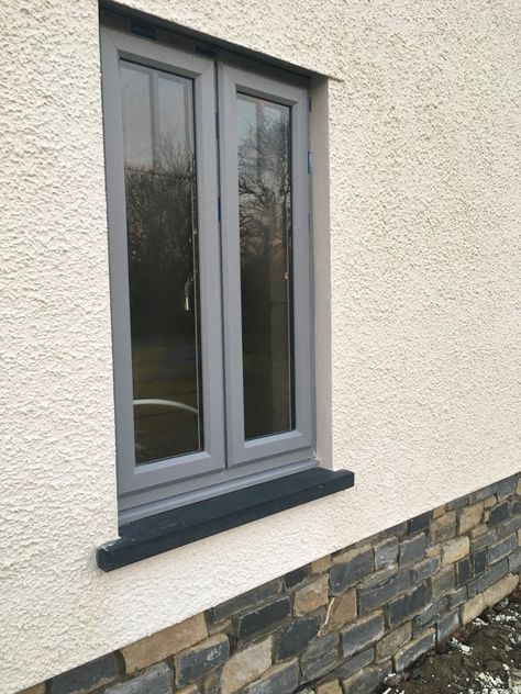 Welsh slate sill with light grey pvc window T bar detail natural Welsh grey stonework Window Sill Exterior, Grey Window Frames, House Window Design, Grey Windows, Bar Detail, Pvc Windows, Nordic Living, Casement Windows, Window Trim