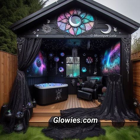 Witchy She Shed, Jacuzzi Shed, Goth Porch, Goth Pool, Backyard Hideaway, Airbnb Cottage, Rainbow Goth, She Shed Ideas, Gothic Things