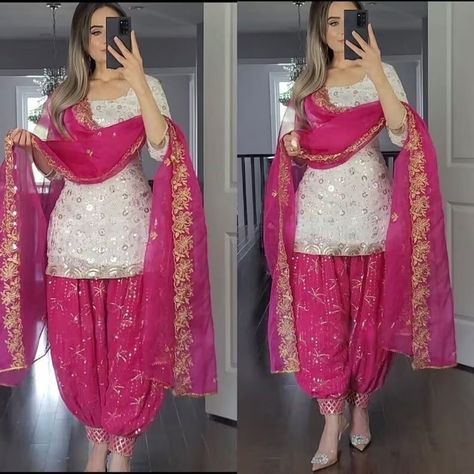 Pink Punjabi Dhoti Salwar Kameez With Heavy Embroidery Work For Women, Ready To Wear Stitched Salwar Suit, Indian Wedding Suits , dresses 💃 Fabric Detail 💃 💃Top Fabric :Faux Georgette With Heavy Embroidery 5 mm Sequence Work With Sleeves 💃Top Inner : Micro Cotton 💃Top Size : M(38) , L(40) , XL(42) , XXL(44) (Fully Stiched) 💃Top Length : 36-37 Inches 💃Patiyala Salwar : Faux Georgette With Digital Print And Embroidery 5 mm Sequence Work (Fully Stiched Patiyala Styles XXL Size and Length is Dhoti Salwar Suits, Punjabi Dress Design, Dhoti Salwar, Patiala Dress, Suits For Women Indian, Pink Kurti, Suit Indian, Patiala Suit Designs, Patiyala Dress