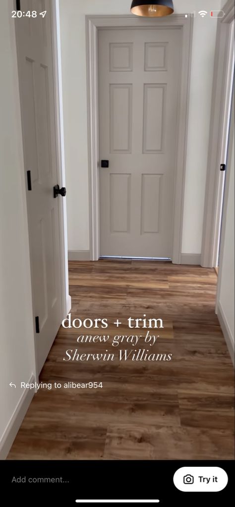 Indoor Hallway Ideas, Anew Grey Trim, Greige Doors And Trim, Greige Trim And Doors, Anew Gray Trim And Doors, Taupe Baseboards And Trim, White Walls Painted Doors, Painted Trim White Walls, White Walls Black Trim Living Room