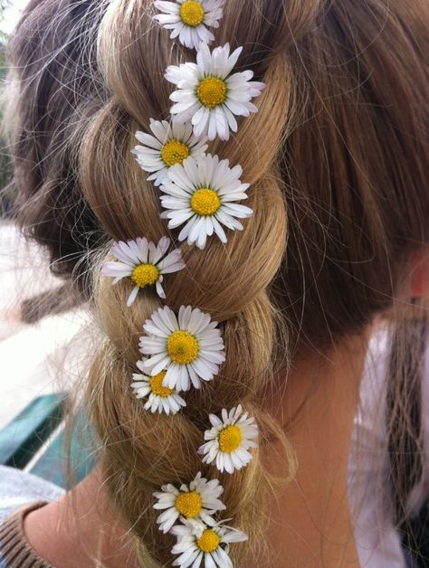 Daisy chain plait. Perfect for the late summer/ autumn evenings. Flower Braids, Flowers In Her Hair, Hair Envy, Mellow Yellow, Flower Child, Hair Dos, Hippie Style, Pretty Hairstyles, Flowers In Hair