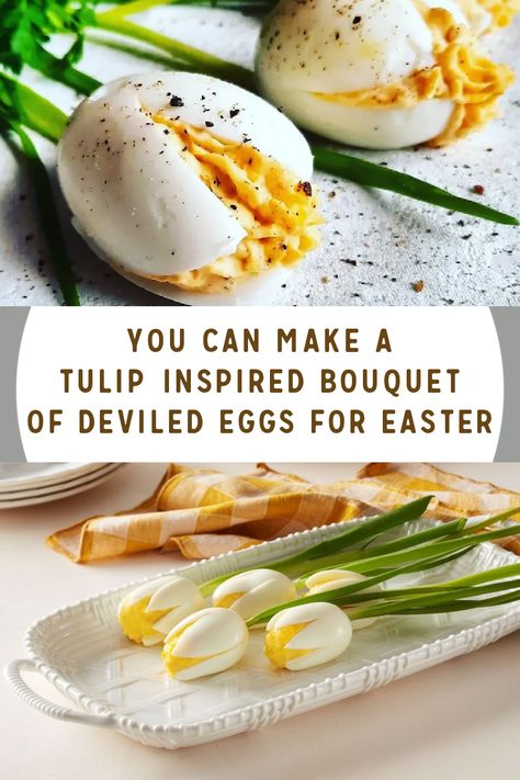 Here's How You Can Make a Tulip Bouquet of Deviled Eggs For The Cutest Easter Appetizer Deviled Eggs Flowers, Deviled Egg Bouquet, Deviled Egg Tulips, Tulip Deviled Eggs, Tulip Eggs, Deviled Eggs Ideas, Fancy Deviled Eggs, Egg Tulips, Christmas Deviled Eggs