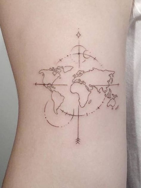 Travelling Tattoos, Traditional Compass Tattoo, World Travel Tattoos, World Map Tattoo, Compass And Map Tattoo, Tatoo 3d, Compass Tattoos, World Map Tattoos, Direction In Life