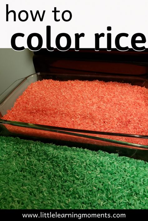 Colored rice makes a great sensory bin filler or craft item. Dye a batch of rice in about five minutes with these easy tips! Orange Rice Sensory Bin, Diy Colored Rice Sensory Play, Sensory Rice Food Coloring, Dyed Rice Sensory Bin, How To Color Rice For Sensory Bin, Orange Rice, Color Rice, Christmas Activities For Toddlers, Orange Food Coloring