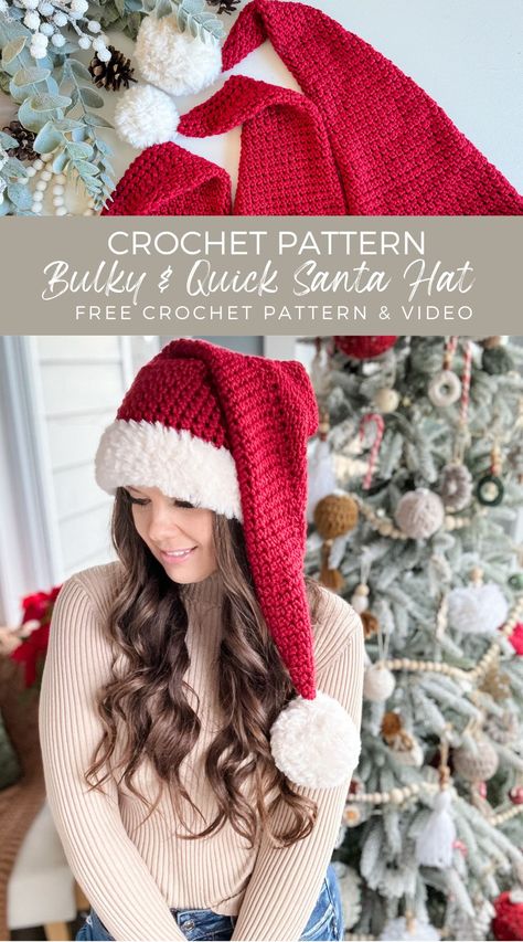 Stay warm this winter with homemade Santa Hats! The Bulky & Quick Santa Hat Crochet pattern provides sizes for everyone, plus fur trim and pompom for extra festivity. Crochet Santa Hat Free Pattern, Crochet Santa Hat Pattern, Santa Hat Pattern, Crochet Santa Hat, Crochet Christmas Hats, Crochet Hood, Crochet Winter Hats, Hat Patterns Free, Crochet Santa