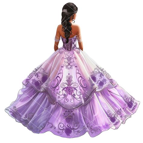 Add a touch of royalty to your creative projects with our Lavender Quinceañera Princess Clipart. This exquisite digital illustration features a stunning dark-haired princess wearing a beautiful lavender Quinceañera gown adorned with delicate flowers. Perfect for any Quinceañera celebration or princess-themed project, this high-resolution 12-inch clipart ensures your designs stand out with elegance and charm. Elegant Quinceañera Princess Design: Captivating illustration of a dark-haired princess Dark Purple Gown Elegant, Lavender Quinceanera, Princess Clipart, Princess Design, Purple Princess, Purple Gowns, Quinceanera Invitations, Delicate Flowers, Personalized Invitations