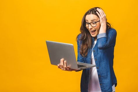 Portrait of a shocked young beautiful wo... | Premium Photo #Freepik #photo #woman-notebook #using-laptop #student-laptop #student-computer Woman With Laptop, Tired And Sleepy, Writing Machine, Too Much Work, Hard To Say Goodbye, Literary Agent, Image Film, Brunette Woman, Busy Schedule