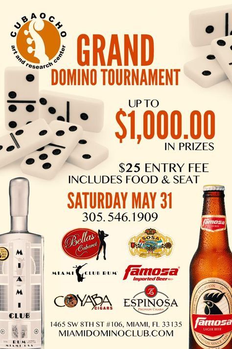 Join us for Domino Tournament May 31st at CubaOcho. Spades Tournament, Lager Beer, Marketing Consultant, Promotional Item, Join Us, Bones, Promotion, Beer, Design