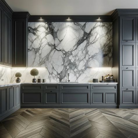 dark kitchen cabinets with white marble with gray veins backsplash Backsplash Options, Kitchen Cabinets And Backsplash, Dark Gray Kitchen Cabinets, Black Subway Tiles, Marble Backsplash Kitchen, Kitchen Dark, Backsplash Kitchen Dark Cabinets, Blue Glass Tile, Grey Subway Tiles