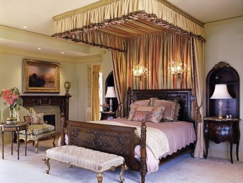 34 Dream Romantic Bedrooms With Canopy Beds - ArchitectureArtDesigns.com Girls Bedroom Canopy, Half Tester Bed, Tester Bed, Wood Canopy Bed, Rustic Bed Frame, Mansion Bedroom, Canopy Bed Diy, Canopy Bed Frame, Bedroom Traditional