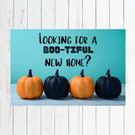 "This fun and stylish Halloween pumpkin card is sure to grab the attention of your farm, neighborhood, clients and friends this fall. It's an ideal postcard for reminding your sphere that you can help them find a BOO-tiful new home! Great for your October real estate pop bys and marketing campaign. This is a 4\"x6\" card, single-sided design as an instant download, that pairs nicely with your Real Estate Agent pop by gifts, event promotional giveaways, or trick or treat items. If you would like Home Real Estate, Open House Real Estate, Real Estate Signs, Fall October, Carte Halloween, Pumpkin Cards, Promotional Giveaways, Real Estate Houses, Print Store