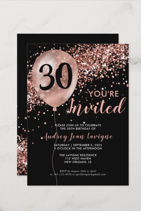 Glam Black Rose Gold Glitter Balloon 30th Birthday Invitation Modern Elegant Glam Black Pink Rose Gold Glitter Sparkle Balloon 30th Birthday Invitation #birthday #happybirthday #birthdaycards #birthdayparty #thirties #thirtybirthday #minimalist #elegant 30th Birthday Ideas For Women, Black Pink Rose, Glitter Balloons, Thirty Birthday, 30th Birthday Invitations, Glam Party, Modern Invitation, Create Your Own Invitations, Rose Gold Glitter