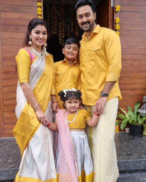 Sneha prasanna and family in matching yellow ivory outfits for Diwali21 2 Sneha Family Photos, Family Clothing Sets Wedding, Family Dress Combination, Family Dress Code For Wedding Indian, Family Dress Combination Indian, Family Matching Outfits Photography, Family Matching Outfits Indian, Kanchipuram Silk Saree Wedding, Sneha Prasanna