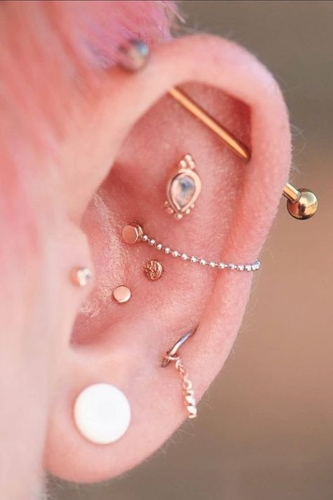 Left Ear Piercings, Triple Conch, Triple Conch Piercing, Industrial Flat, Flat Piercing, Ear Curation, Earrings Piercings, Lobe Piercings, Cool Ear Piercings