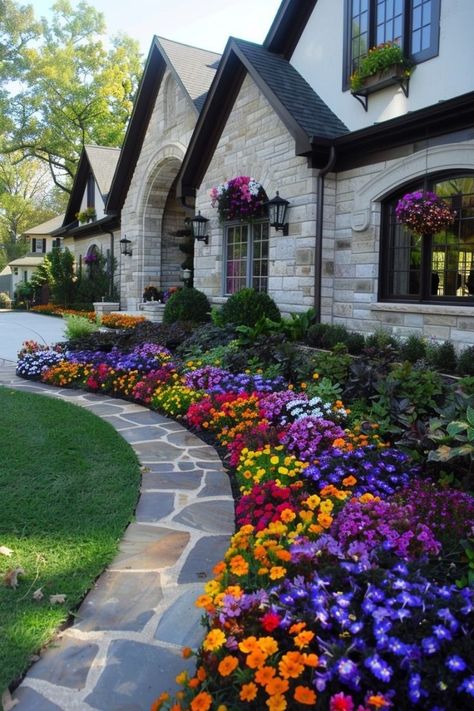 Just a beautiful world Garden Front Of House Entrance, Walkway Designs, House With Flowers, Garden Front Of House, Walkway Design, Flower Bed Ideas, Dream Life House, Diy Backyard Landscaping, Home Garden Design