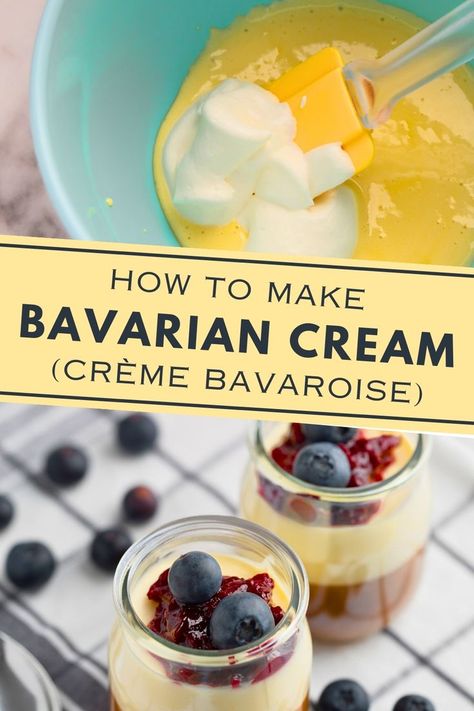 Learn how to make Bavarian cream, a velvety dessert perfect for any occasion! This easy guide walks you through creating the creamy delight with creme anglaise, whipped cream, and gelatin. Perfect for filling pastries or as a standalone dessert, this Bavarian cream recipe is a must-try for any dessert enthusiast! Easy Bavarian Cream Recipe, Easy Bavarian Cream, Pastry Cream Filling Recipe, Bavarian Cream Puffs, Bavarian Cream Recipe, Puffy Pastry, Creme Anglaise Recipe, Bavarian Cream Filling, Diplomat Cream