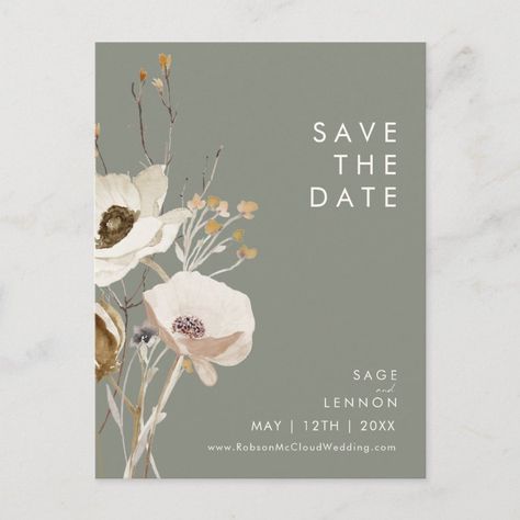 Whimsical Wildflower Sage Green Save the Date Invitation Postcard  Zazzle Sage And Champagne, Sage Green Save The Date, Wildflower Save The Date, August Weddings, Green Save The Date, Rustic Wedding Save The Dates, Watercolor Wildflowers, Wedding Postcard, Rustic Save The Dates